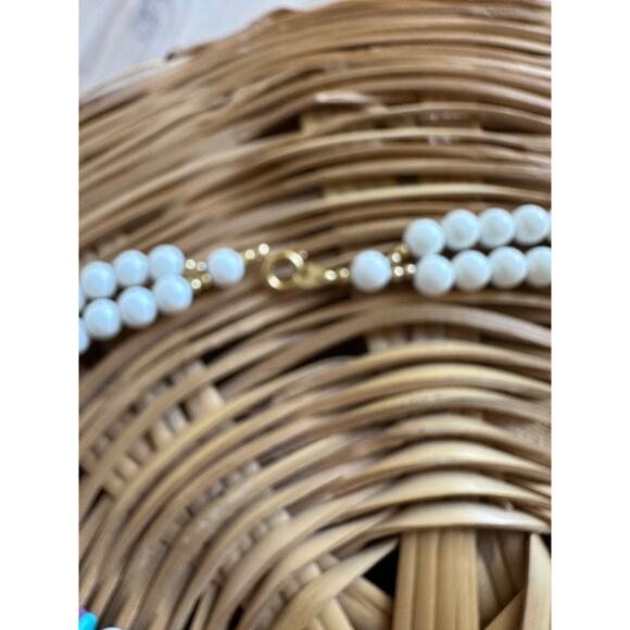 Vintage 80s Necklace/Earring Set Ceramic White Turquoise Happy Fun Accessories - Picture 6 of 9